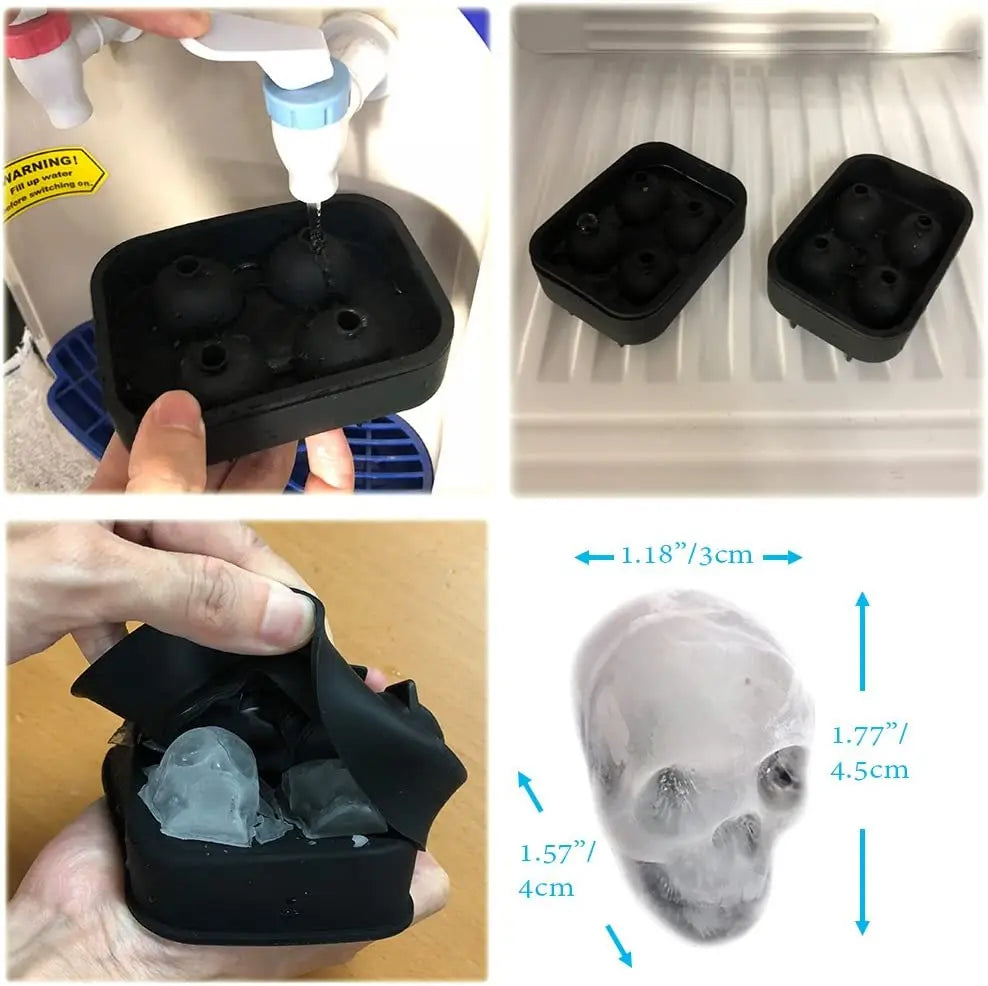 3D Skull Silicone Jello Ice Mold Flexible Cube Maker Tray For Halloween And Christmas Party. Best For Whiskey And Cocktails