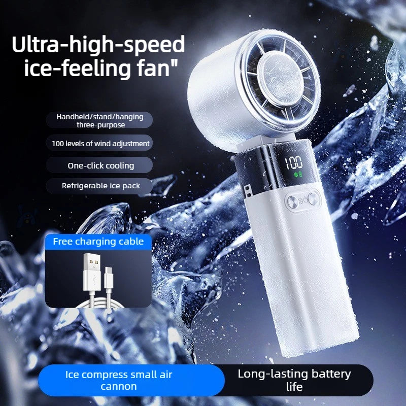 Portable Mini Fan Digital Display Rechargeable 100-speed Foldable Handheld Turbo Ice Compress Cooling Fan for Travel Outdoor Office Home
