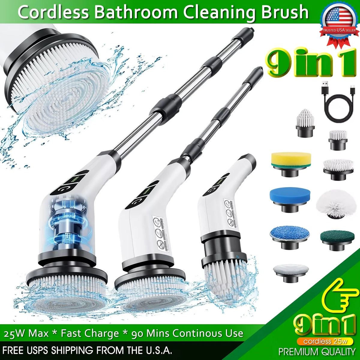 Electric Spin Scrubber 9-in-1 Cordless Rechargeable with 9 Brush Heads, Multipurpose Cleaner